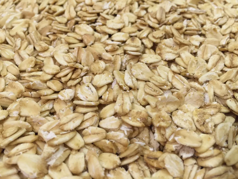 オート麦の穀粒を蒸して圧延したロールドオーツの実写。オート麦を示す一例で、香水の抽出原料を特定する写真ではありません